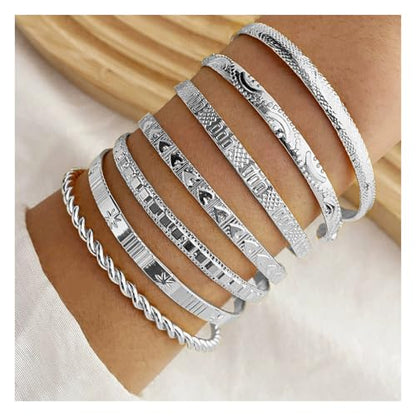 Gold Bangle Bracelets For Women Gold Plated Multi Layer Stackable Cuff Bracelet Set Non Tarnish Trendy Jewelry Gift - color: Silver 7pcs