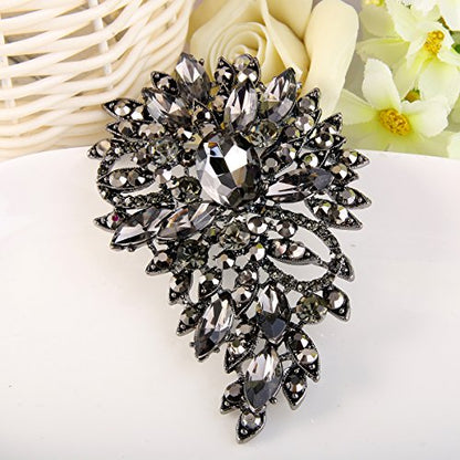 EVER FAITH Women's Austrian Crystal Wedding Flower Leaf Bouquet Brooch - color: Black Black-Tone