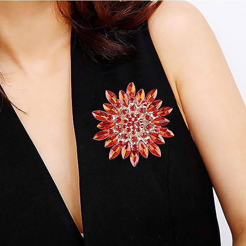 Rhinestone Sunflower Brooch Pin Red Pink Flower Brooch Stylish Crystal Brooch Elegant Clothing Hat Bag Accessories Jewerly for Women - color: red