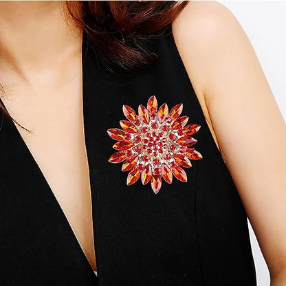 Rhinestone Sunflower Brooch Pin Red Pink Flower Brooch Stylish Crystal Brooch Elegant Clothing Hat Bag Accessories Jewerly for Women - color: red