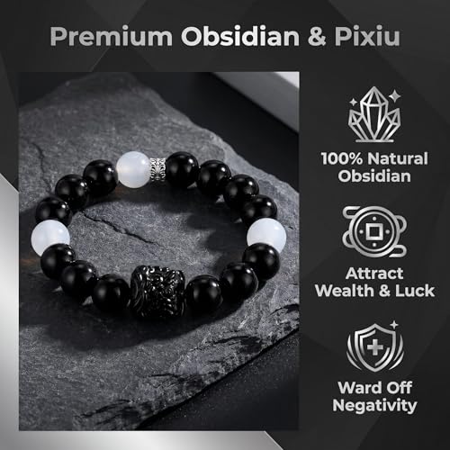 Black Obsidian Beaded Bracelet with Pixiu Charm for women men | Natural Stone with Sapphire Beaded, Good Luck, Wealth, Feng Shui,Matching bracelets for couples,Friendship bracelets - color: Black