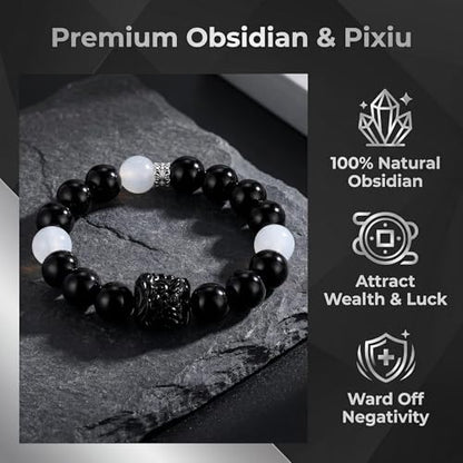 Black Obsidian Beaded Bracelet with Pixiu Charm for women men | Natural Stone with Sapphire Beaded, Good Luck, Wealth, Feng Shui,Matching bracelets for couples,Friendship bracelets - color: Black