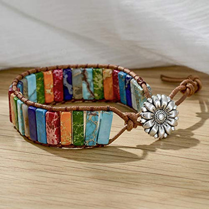 sedmart 7 Chakra Bracelets for Women with Real Stones Leather Wrap Healing Bead Bracelet Women Men Boho Friendship Jewelry - color: A1 Colorful Sunflower Button