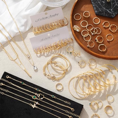 IFKM Gold Plated Jewelry Set for Women,14k Gold Plated Multi Layer Necklaces Stackable Bangle Bracelets Stackable Knuckle Rings Hoop Earrings Set Anniversary Trendy Elegance Charms Anniversary Birthday Jewelry Gift - color: Gold stackable