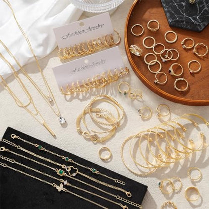 IFKM Gold Plated Jewelry Set for Women,14k Gold Plated Multi Layer Necklaces Stackable Bangle Bracelets Stackable Knuckle Rings Hoop Earrings Set Anniversary Trendy Elegance Charms Anniversary Birthday Jewelry Gift - color: Gold stackable