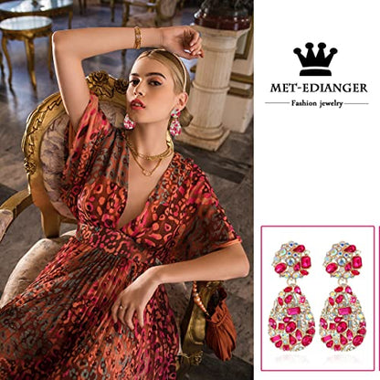 Rhinestone Statement Earrings Teardrop Costume Earrings Cluster Crystal Chandelier Drop Dangle Earrings for Women - color: Rose Red
