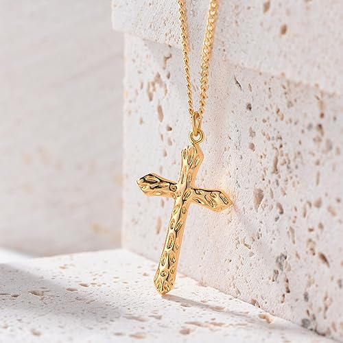 Fettero Cross Necklace for Women Faith Pendant 14K Plated Dainty Chain Necklaes Minimalist Simple Tiny God Lords Prayer Religious Jewelry - style: Hammered Cross