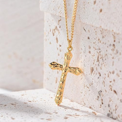 Fettero Cross Necklace for Women Faith Pendant 14K Plated Dainty Chain Necklaes Minimalist Simple Tiny God Lords Prayer Religious Jewelry - style: Hammered Cross