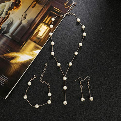 Bridal Necklace Earring and Bracelet Set Faux Pearl Jewelry Set for Women Wedding Bridal Jewelry (Gold)