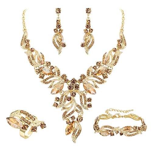 EVER FAITH Bridal Wedding Marquise Crystal Leaf Cluster Statement Y-Shaped Necklace Earrings Bracelet Ring Set for Prom - color: Champagne Gold-Tone