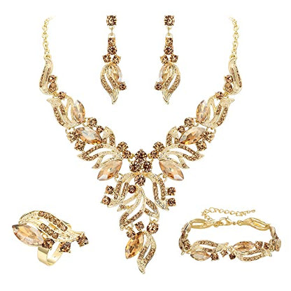 EVER FAITH Bridal Wedding Marquise Crystal Leaf Cluster Statement Y-Shaped Necklace Earrings Bracelet Ring Set for Prom - color: Champagne Gold-Tone
