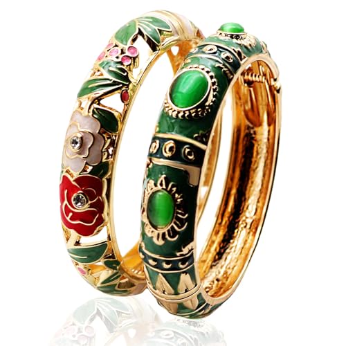 Vintage jewelry bangle Green Enameled Bracelet with Gemstone Floral Gold Plated Bangle Jewelry Gifts for Mom BFF Daughter