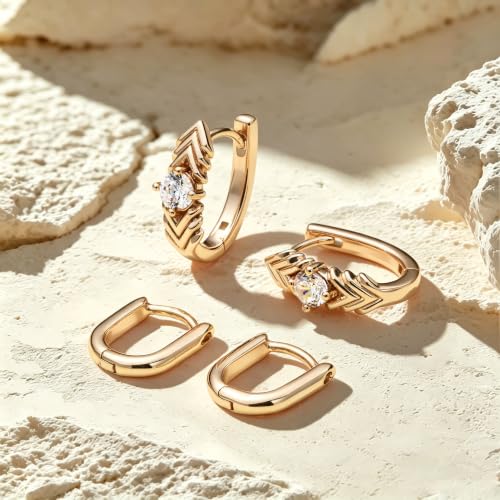 JINEAR 2 Pairs Gold Hoop Earrings for Women Dainty Huggie Earrings Set | 14K Gold Plated Cubic Zirconia Hypoallergenic Lightweight Waterproof Cartilage Hoop Earrings Trendy Jewelry Gift - color: Feather Zircon&Pockets