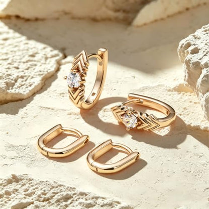 JINEAR 2 Pairs Gold Hoop Earrings for Women Dainty Huggie Earrings Set | 14K Gold Plated Cubic Zirconia Hypoallergenic Lightweight Waterproof Cartilage Hoop Earrings Trendy Jewelry Gift - color: Feather Zircon&Pockets