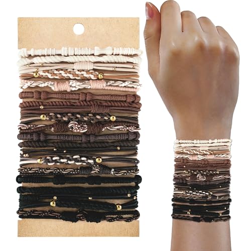 KANPRINCESS 20 PCS Boho Ponytail Holders - 4 Neutral Colors, 5 Styles Hair Bands & Bracelets for Women's Thick or Thin Hair, No Damage - color: Set9