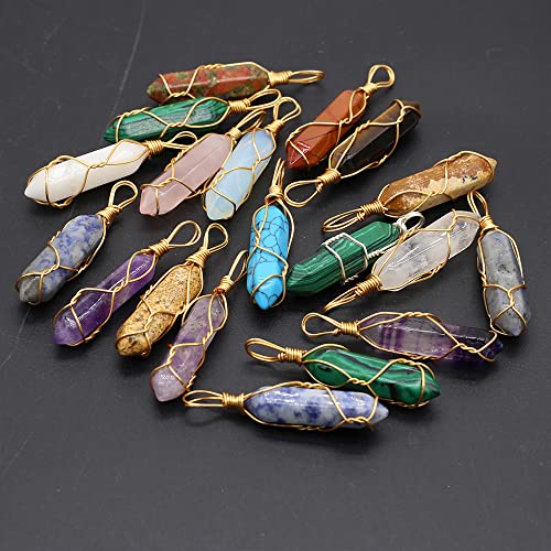 LE SKY 12 Pcs Natural Stone Pendants Hexagonal Pointed Chakra Stone Pendants Wire Knitting Crystal Beads for Jewelry Making Necklace