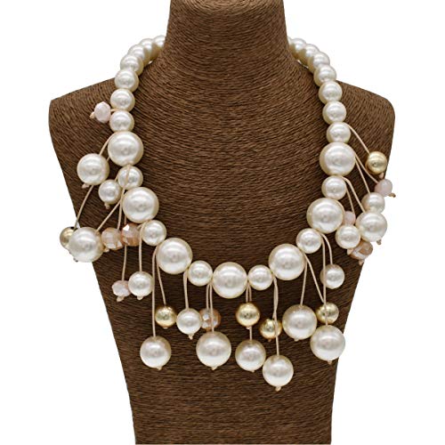 utop JNF Hand made Pearl Statement Necklace for Women Rhinestone Multilayer Crystal Necklaces Chunky Pearl Necklace Large Pearl Necklace and Earrings Set for Mother Mom's gift - color: white pearl bib necklace