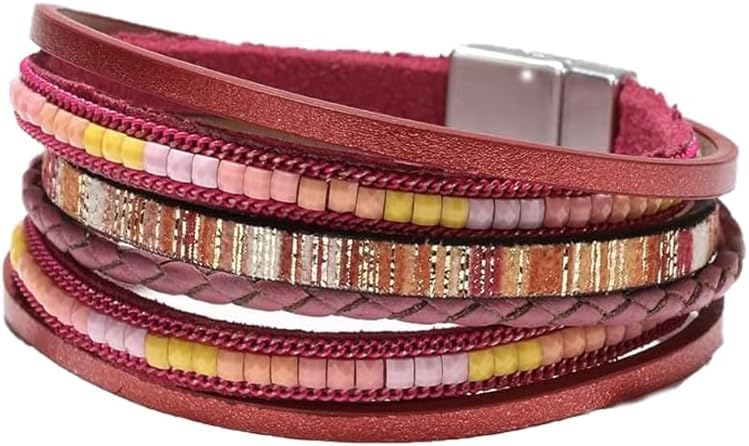 Women's Multi Layer Leather Wrap Bracelet String Bracelets for Women, Boho Braid Multi-Layer Crystal Beads Cuff Women Bracelet Jewelry - color: Red