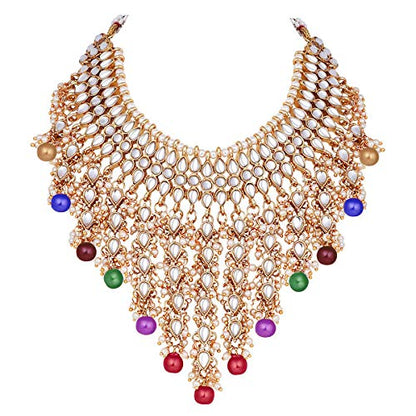 Aheli Elegant Indian Wedding Wear Faux Kundan Studded Choker Necklace with Maang Tikka Set Ethnic Fashion Jewelry for Women Maroon Kundan & Pearl Drop - color: Multi color