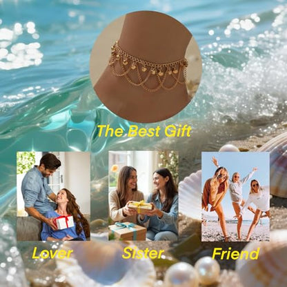 Ankle Bracelets for Women Gold Anklet Set Boho Vacation Gift | Gold anklet set for women 5 styles with matching gift pouch.Boho adjustable non-tarnish jewelry.Perfect present idea. - color: Goldbell
