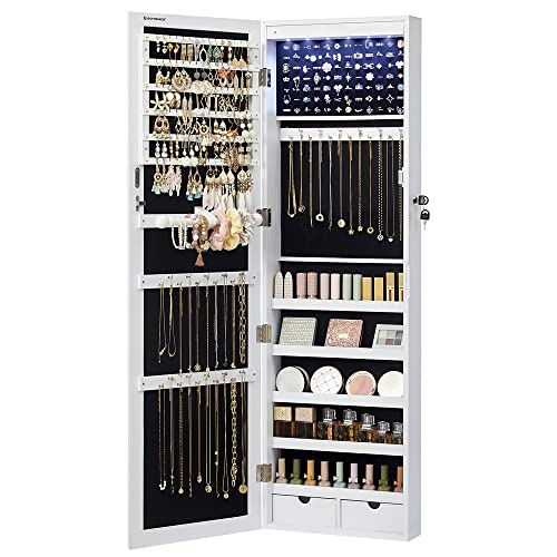 SONGMICS 6 LEDs Mirror Jewelry Cabinet, 47.2-Inch Tall Lockable Wall or Door Mounted Jewelry Armoire Organizer with Mirror, 2 Drawers, 3.9 x 14.6 x 47.2 Inches, White UJJC93W - color: White, size: 47.2"H