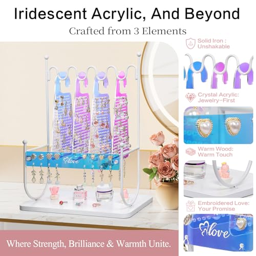 Keebofly Iridescent Acrylic Earring Organizer Holder for Girls, Tweens & Women - 900 Holes Jewelry Display Stand with Rainbow Glow for Studs, Hoops, Dangles - Modern Vanity Gift - color: Iridescent Arcylic & White