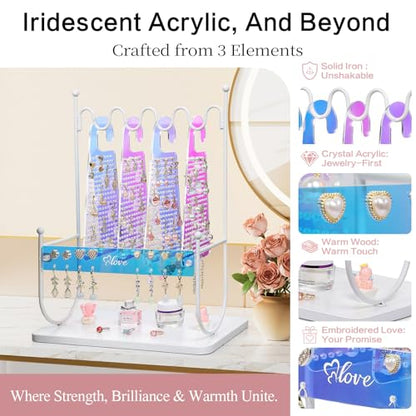 Keebofly Iridescent Acrylic Earring Organizer Holder for Girls, Tweens & Women - 900 Holes Jewelry Display Stand with Rainbow Glow for Studs, Hoops, Dangles - Modern Vanity Gift - color: Iridescent Arcylic & White