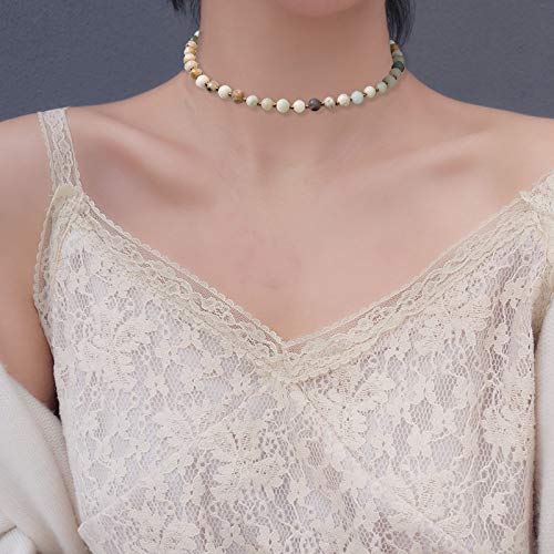 Semi Precious Stone Beaded Choker Necklace 14K Gold Plated Natural Stone Double Strand Necklace Layered Short Necklaces - color: Amazonite
