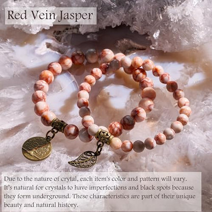 Bivei Natural Semi Precious Gemstone beads bracelet for women - Life Tree and Leaf Charm Energy Reiki Crystal Stretch Bracelets - color: Red Vein Jasper Bracelet Set, size: Medium:6.8-7.24inch