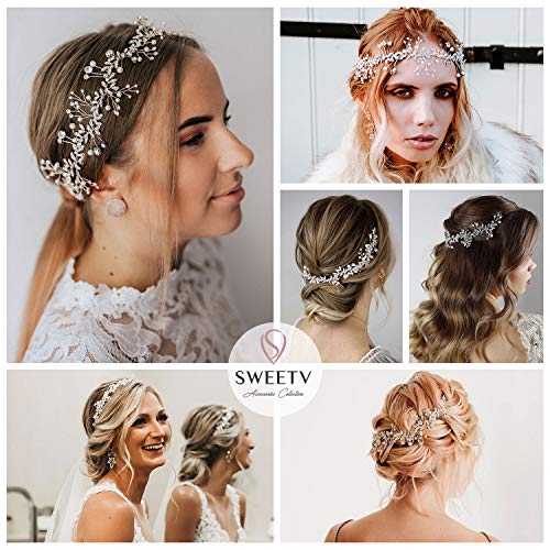 SWEETV Bridal Headpiece Silver Wedding Headband for Brides Hair Accessories | Pearl Hair Vine Rhinestone Hair Accessories for Women Bridal Headband, Wedding Hair Accessories Wedding Headbands for Brides