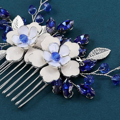 Flower Leaf Design Wedding Hair Comb, Metal Bridal Hair Accessory with Rhinestone, Wedding Prom Hair Clip Headpiece for Women (White Blue Flower) - color: White Blue Flower