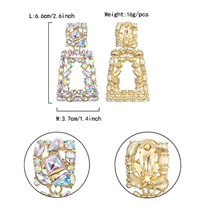 Flyonce Rectangle Clip-on Drop Earrings for Women, Sparkly Rhinestone Crystal Geometric Statement Non Pierced Earring Wedding Prom Party Jewelry for Brides Bridesmaid - color: Iridescent Clear AB Gold-Tone