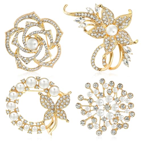 4 PCS Elegant Crystal Pearl Brooch Set | Sparkling Brooch Pins for Blazer, Dress, Coat | Birthday, Wedding Gift for Mom, Teacher, Grandma