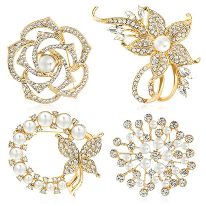 4 PCS Elegant Crystal Pearl Brooch Set | Sparkling Brooch Pins for Blazer, Dress, Coat | Birthday, Wedding Gift for Mom, Teacher, Grandma
