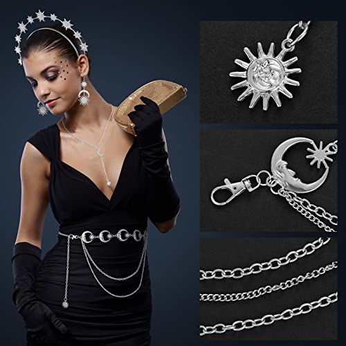 Glenmal 4 Pieces Celestial Jewelry Moon Stars Crown Necklaces and Body Chain Headband Drop Earrings for Women - color: Silver