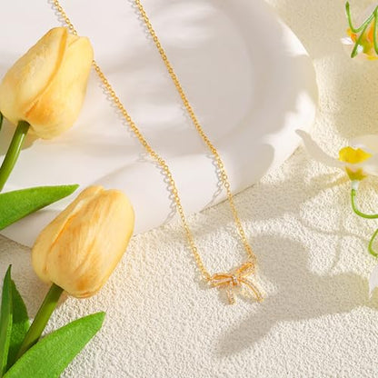 Starain Heart Necklaces for Women Dainty Cubic Zirconia Love Heart Pendant Necklace 18K Gold Plated Chain Trendy Stuff Jewelry - color: C Gold Bow Necklace