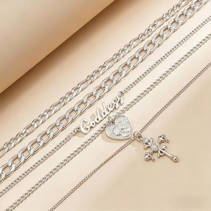 GYRMMUE 5 Pcs Chunky Gold Layered Necklaces Set for Women Heart Locket Coin Cross Pendant Necklaces Punk Hip Hop Charm Necklace Goddess Style Stacked Chain Necklace Christian Faith Jewelry - color: Silver