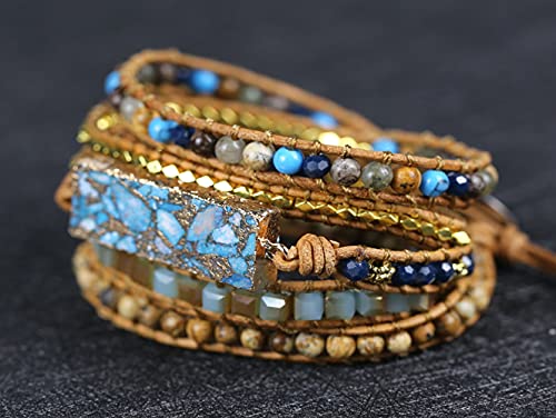 Women Wrap Bracelets Boho Natural Stone Jasper Turquoises Strand Bracelet Jewelry Collection - color: Gold Line Turquoise