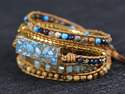 Women Wrap Bracelets Boho Natural Stone Jasper Turquoises Strand Bracelet Jewelry Collection - color: Gold Line Turquoise