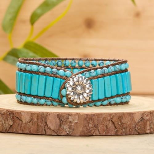 YGLINE Boho Handmade Natural Stone Bead 3 Row Wide Wrap Wrist Statment Bracelet Jewelry Collection - color: new-Turquoise