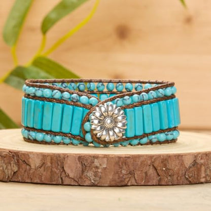 YGLINE Boho Handmade Natural Stone Bead 3 Row Wide Wrap Wrist Statment Bracelet Jewelry Collection - color: new-Turquoise