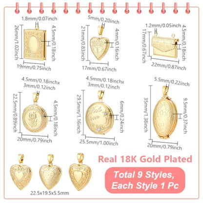 AHANDMAKER 9pcs 9 Styles 18K Gold Plated Locket Pendants Blanks Settings | Brass Photo Heart Frame Pendants, Oval/Flower/Bag/Book/Round Shape, Memory Locket Charms for Jewelry Making