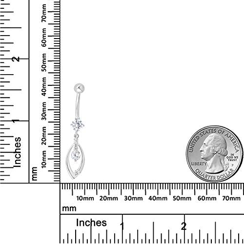 AVORA 10K Gold Simulated Diamond CZ Dangling Fancy Teardrop Belly Button Ring Body Jewelry (14 Gauge) - color: White Gold