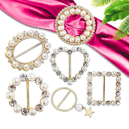 Scarf Tie Buckle Rings for Women,12PCS Metal Party T Shirt Pearls Rhinestone Clips,Clothes Corner Knotted Button for Women Girls Decorative Accessories TXZWJZ