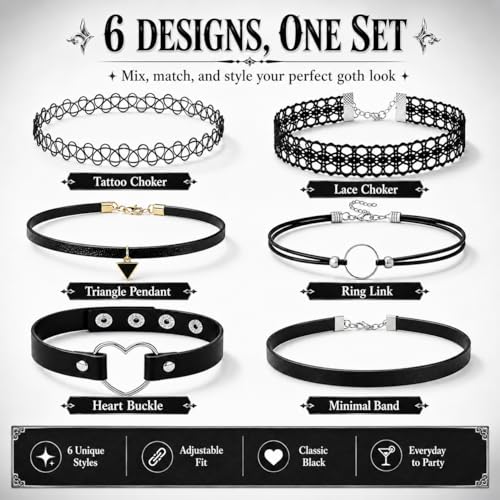 6 Styles Gothic Lace Choker Necklaces Set for Women, Black Lace Tattoo Chokers Necklace Punk Goth Jewelry, Adjustable 90s Vintage Emo Velvet Grunge Chokers Accessories Collection