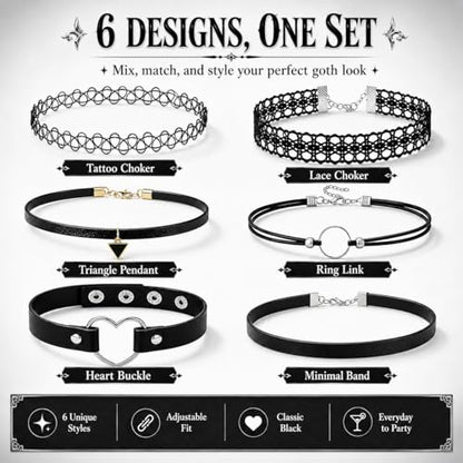 6 Styles Gothic Lace Choker Necklaces Set for Women, Black Lace Tattoo Chokers Necklace Punk Goth Jewelry, Adjustable 90s Vintage Emo Velvet Grunge Chokers Accessories Collection