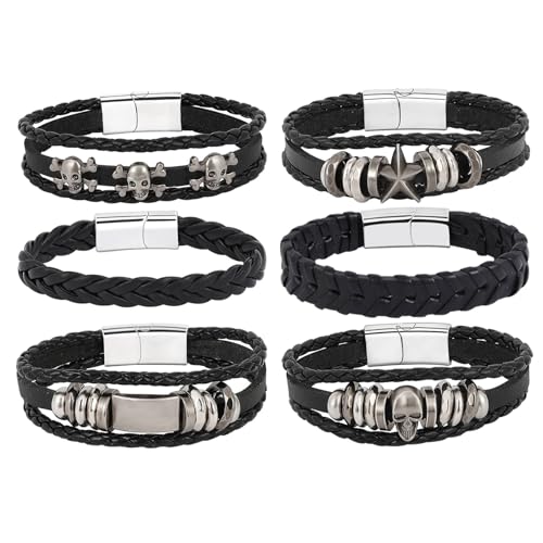 6Pcs Men Braided Leather Bracelet Black Punk Rock Skull Bracelet - color: C: Black