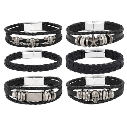 6Pcs Men Braided Leather Bracelet Black Punk Rock Skull Bracelet - color: C: Black