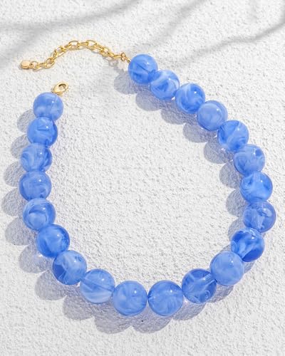 Chunky Beaded Choker Necklace for Women Boho Statement Necklace with Large Pearl Blue Brown Tone Resin Beads Summer Beach Jewelry Gifts - color: Light Blue
