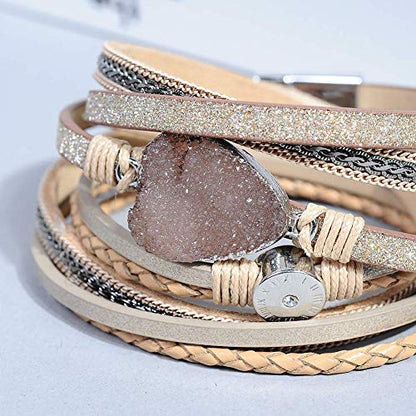 Artilady Leather Wrap Bracelet for Women, Pearl Beaded Bangle Stack Jewelry | Easy on-off, Elegant Handmade Multi-Layered, Daily Casual Date Beach Vacation, Gift for Ladies, Mother, Sister & Friend - style: Brown with druzy